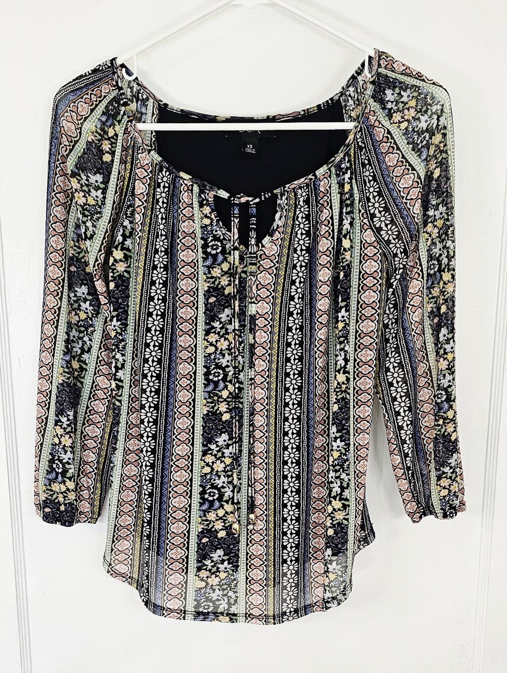 BCX Floral Vertical Stripe Tie-Front Blouse